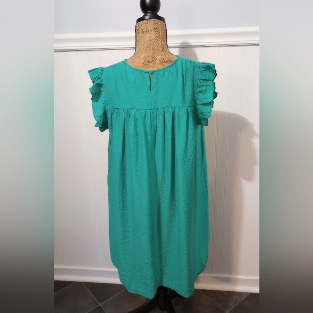 NWT Umgee Turquoise Boho Smocked Mini Dress • Flutter Sleeves • Size M - Picture 2 of 9